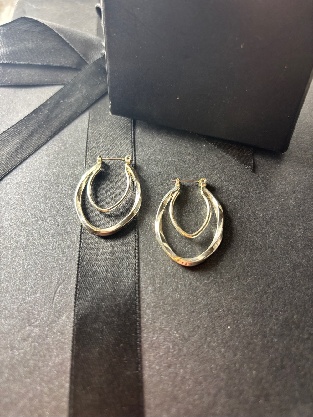 Silver Tone Double Hoop Drop Earrings - Women Jewelry NWOT